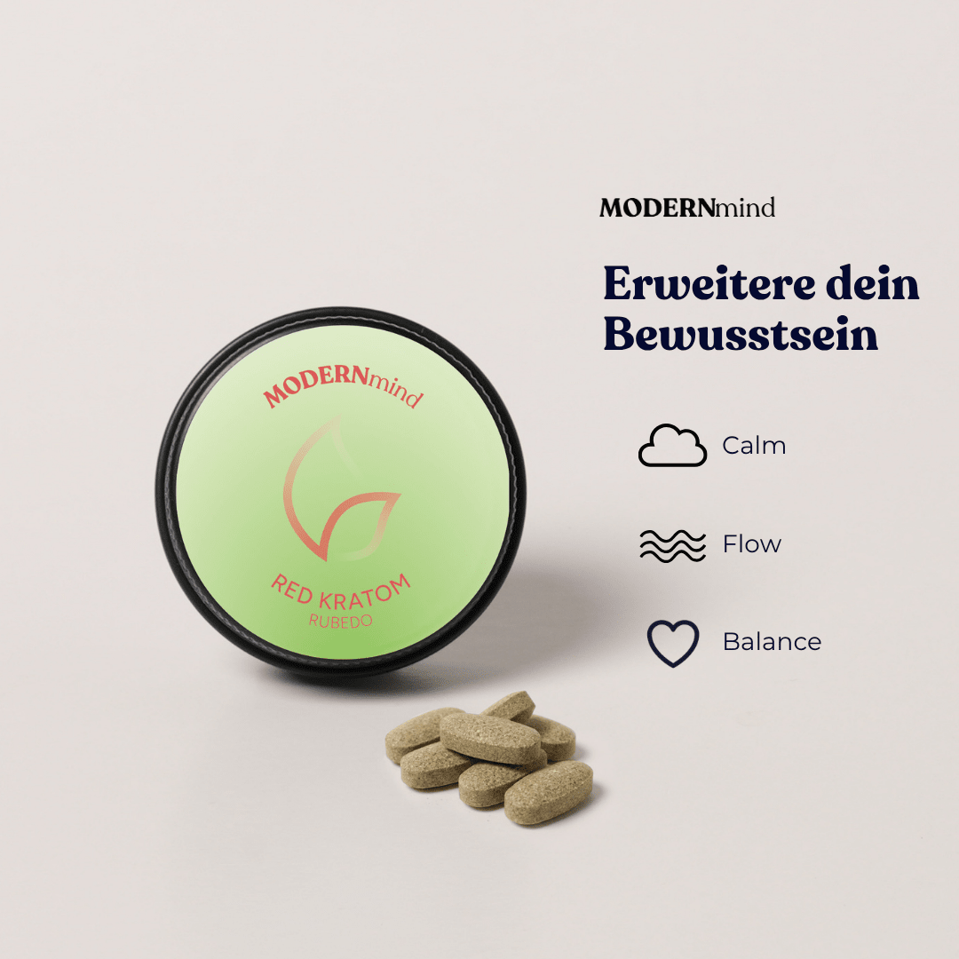 Rubedo Red Kratom Pellets von MODERNmind mit den Schlagworten Calm, Flow und Balance