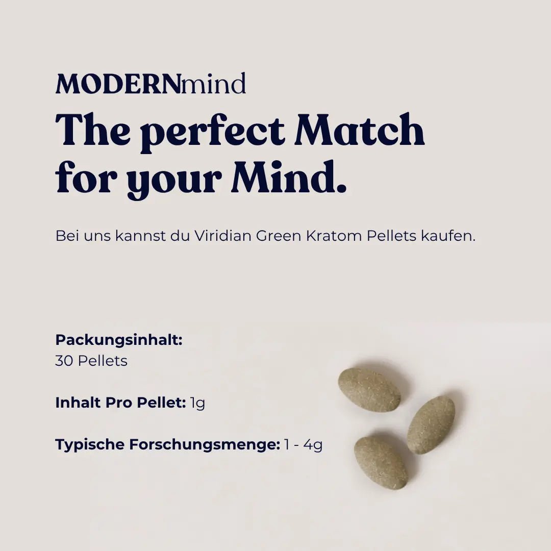 Produktdaten Viridian Green Kratom Pellets: Packungsinhalt 30 Pellets, 1 g Kratom je Pellet