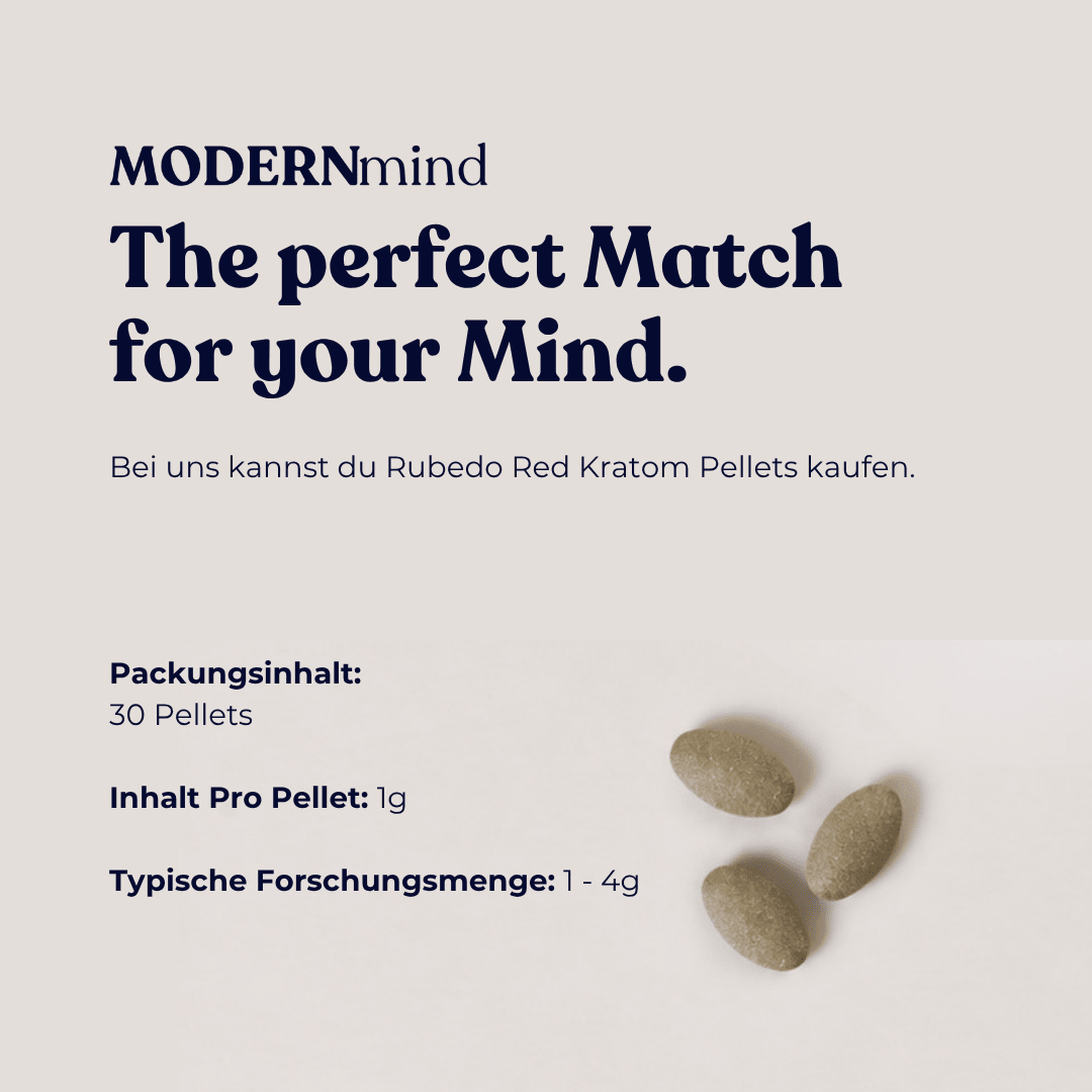 Produktdaten Rubedo Red Kratom Pellets: Packungsinhalt 30 Pellets, 1 g Kratom je Pellet